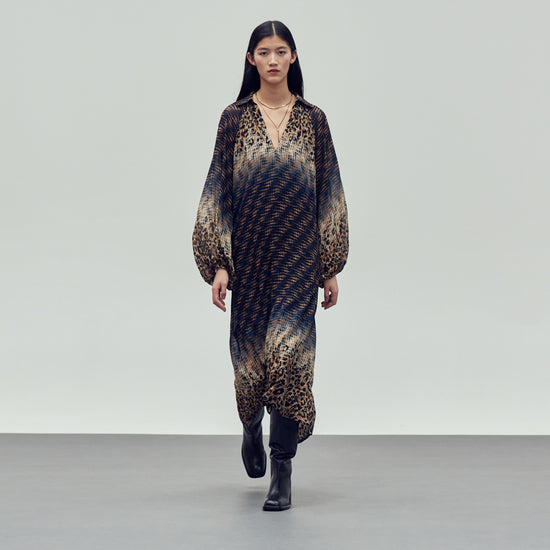 dark blue/black long sleeve v neck viscose dress with bohemian style pattern model shot