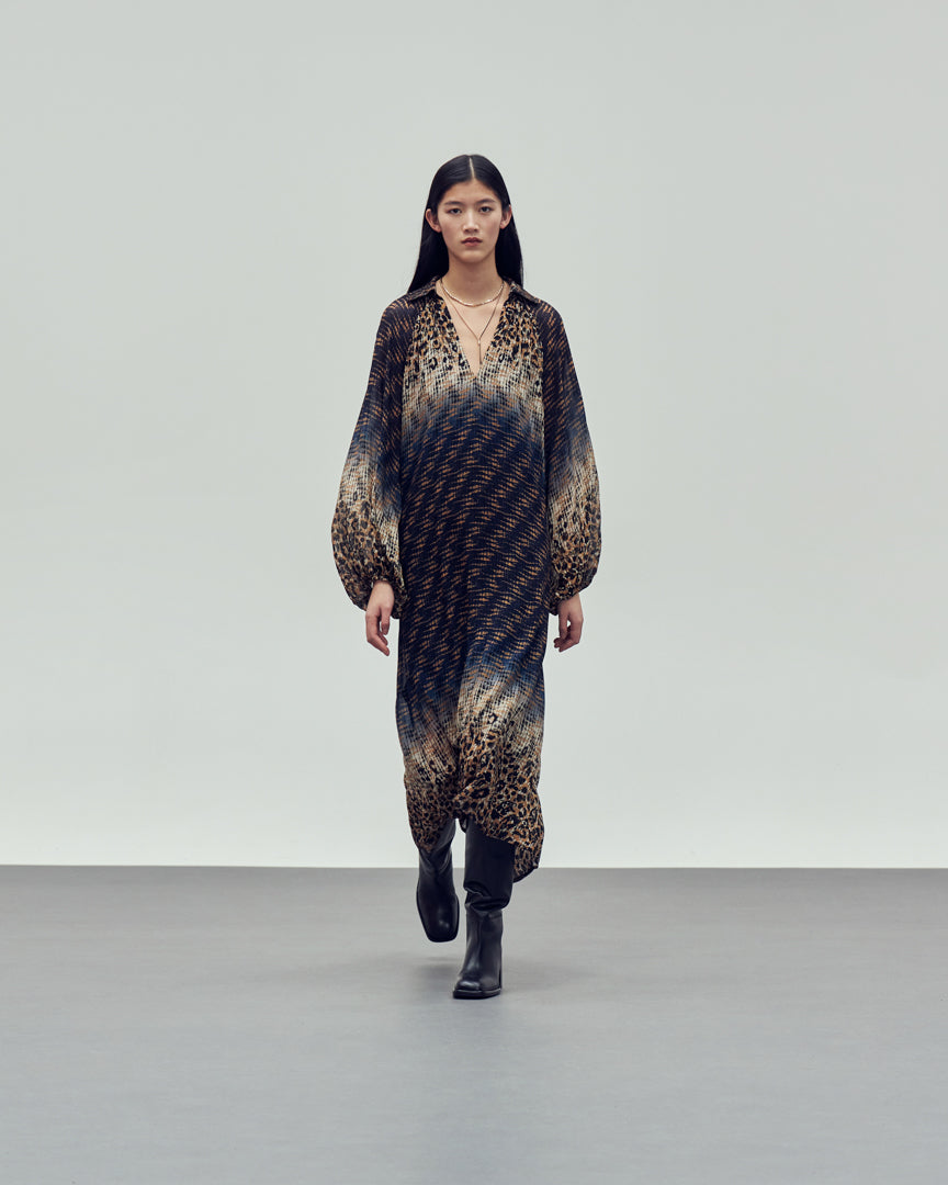 dark blue/black long sleeve v neck viscose dress with bohemian style pattern model shot