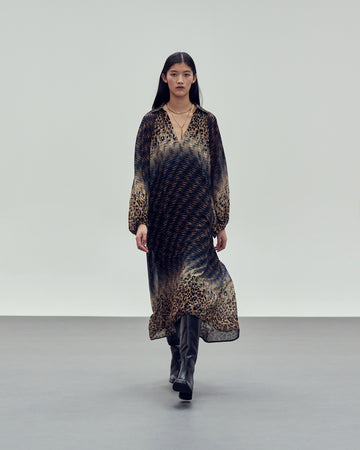 dark blue/black long sleeve v neck viscose dress with bohemian style pattern