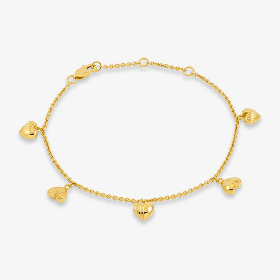 gold chain bracelet with gold heart charms and a lobster clasp from rachel jackson