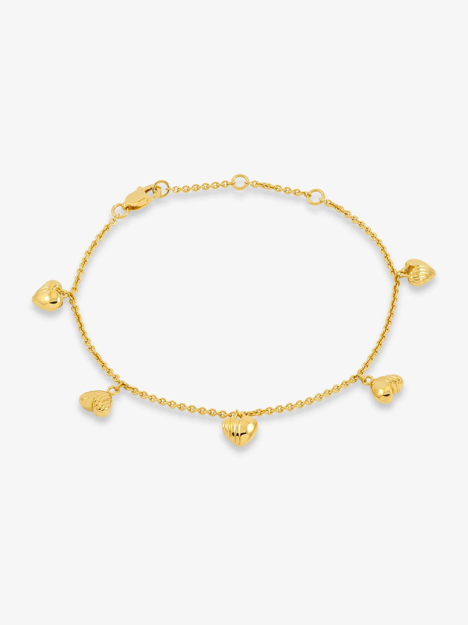 gold chain bracelet with gold heart charms and a lobster clasp from rachel jackson