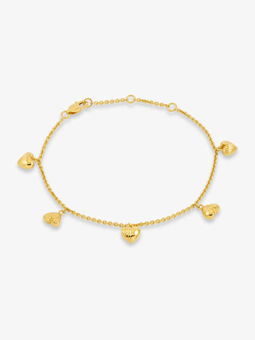 gold chain bracelet with gold heart charms and a lobster clasp from rachel jackson