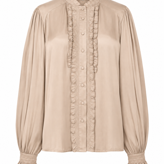 A beige long-sleeve blouse with a high mandarin collar, gathered sleeves, and vertical ruffle trim down the front button placket, shown on a plain white background.