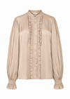 A beige long-sleeve blouse with a high mandarin collar, gathered sleeves, and vertical ruffle trim down the front button placket, shown on a plain white background.
