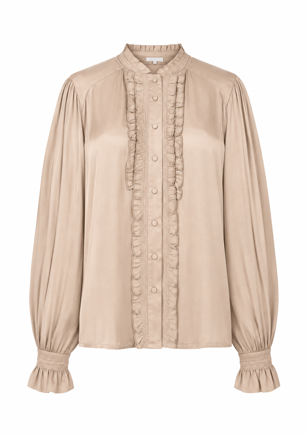 A beige long-sleeve blouse with a high mandarin collar, gathered sleeves, and vertical ruffle trim down the front button placket, shown on a plain white background.