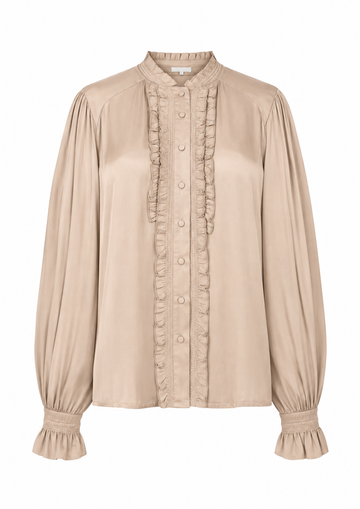 A beige long-sleeve blouse with a high mandarin collar, gathered sleeves, and vertical ruffle trim down the front button placket, shown on a plain white background.