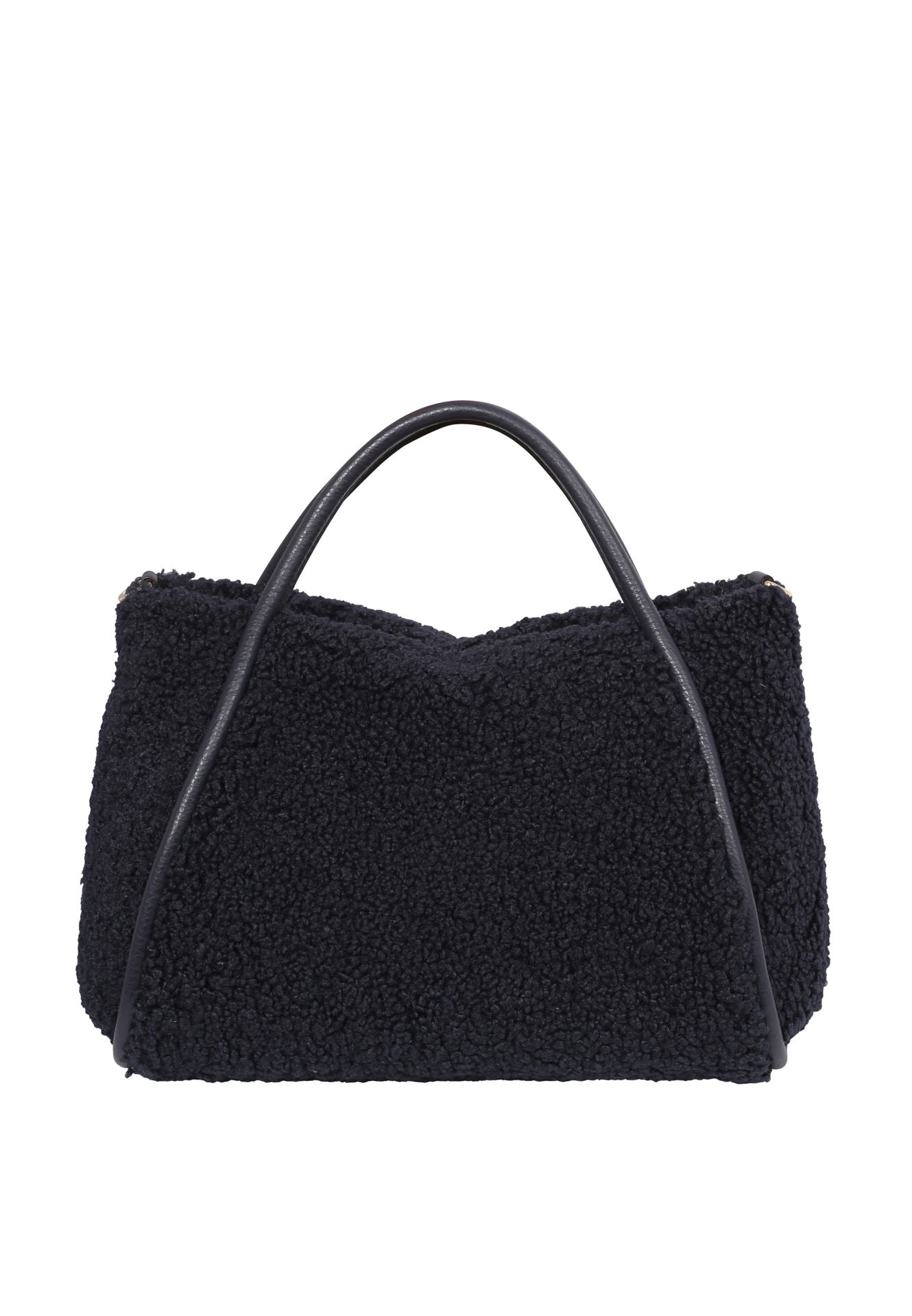 navy shearling bag with shoulder strap and optional cross body strap rear view 