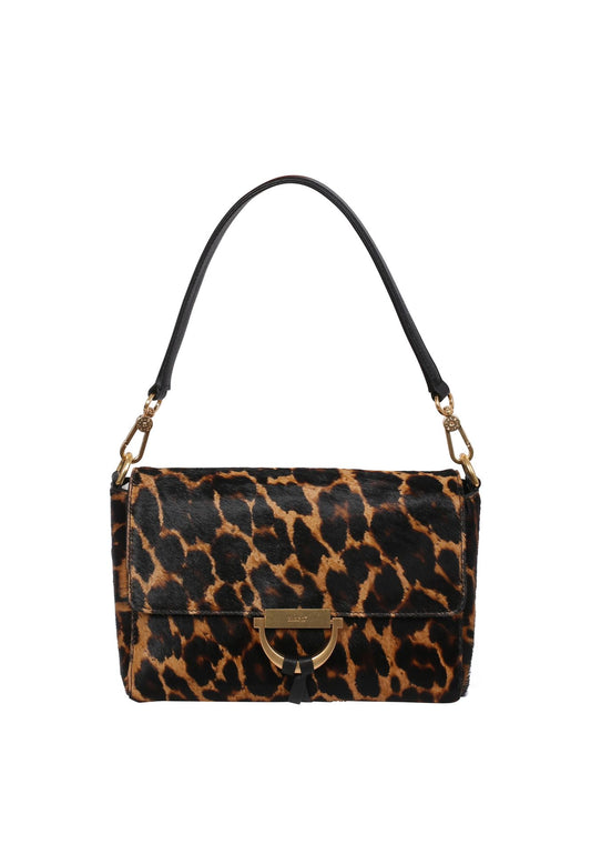 animal print shoulder bag with black leather top handle and cross body strap