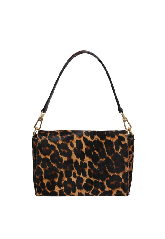 animal print shoulder bag with black leather top handle and cross body strap rear view 