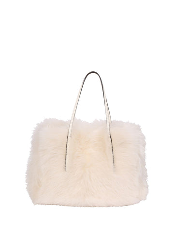 Cream shearling bag with short and long straps in cream