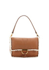 tan leather cross body leather bag with top handle and white shearling interior and edging from abro