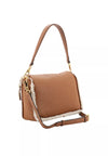 tan leather cross body leather bag with top handle and white shearling interior and edging from abro rear view