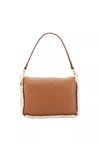 tan leather cross body leather bag with top handle and white shearling interior and edging from abro rear view