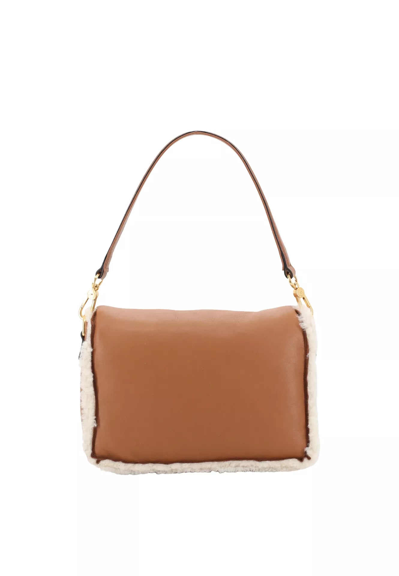 tan leather cross body leather bag with top handle and white shearling interior and edging from abro rear view