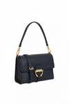 navy blue leather handbag with gold toned hardwear