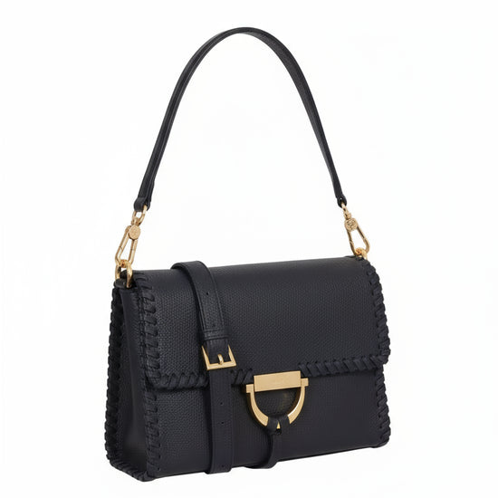 navy leather handbag with gold toned hardwear