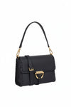 navy leather handbag with gold toned hardwear