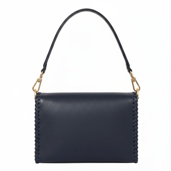 rear view of navy leather bag