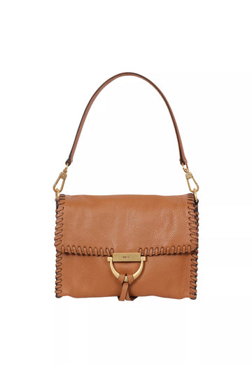 Tan leather shoulder bag with shoulder strap with stitch detailing from Abro