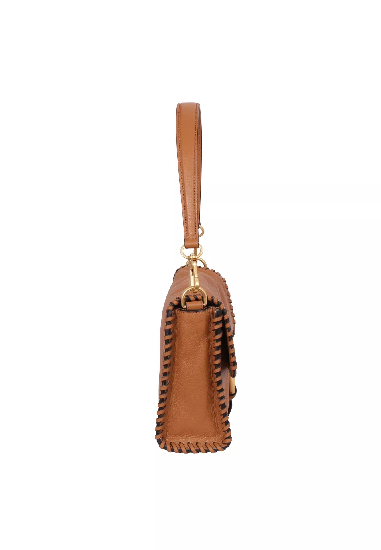 Side view of the tan leather bag with top handle