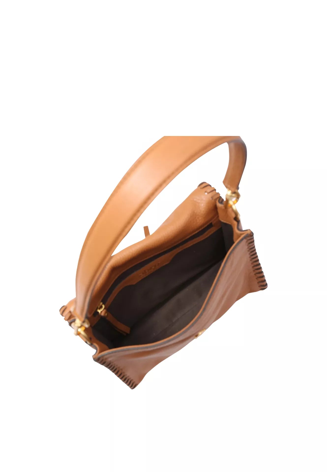 Inside view of tan leather bag