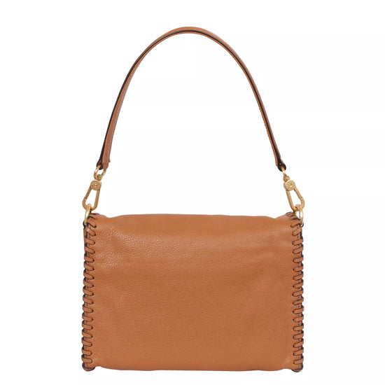 Rear view of tan leather bag