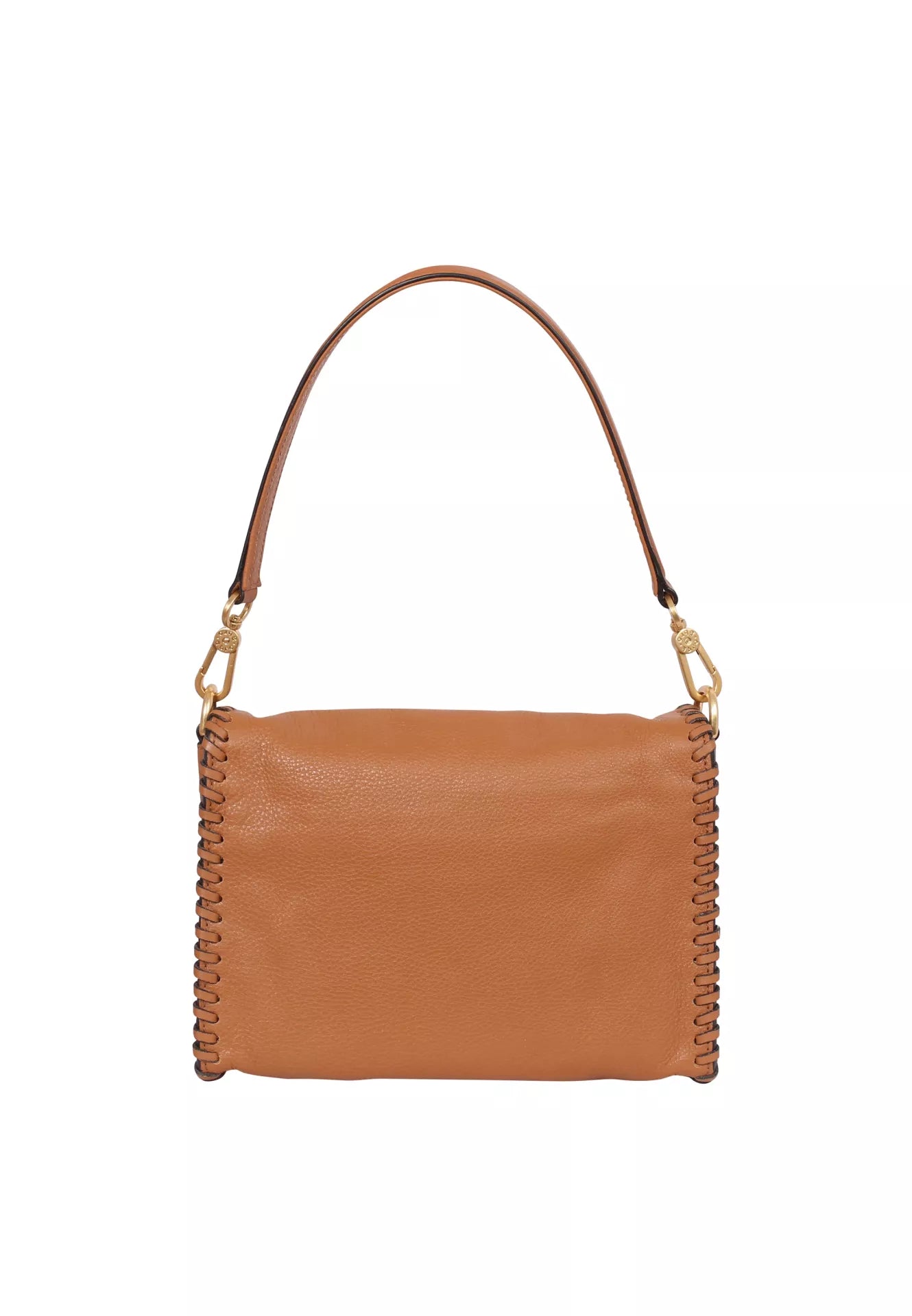 Rear view of tan leather bag