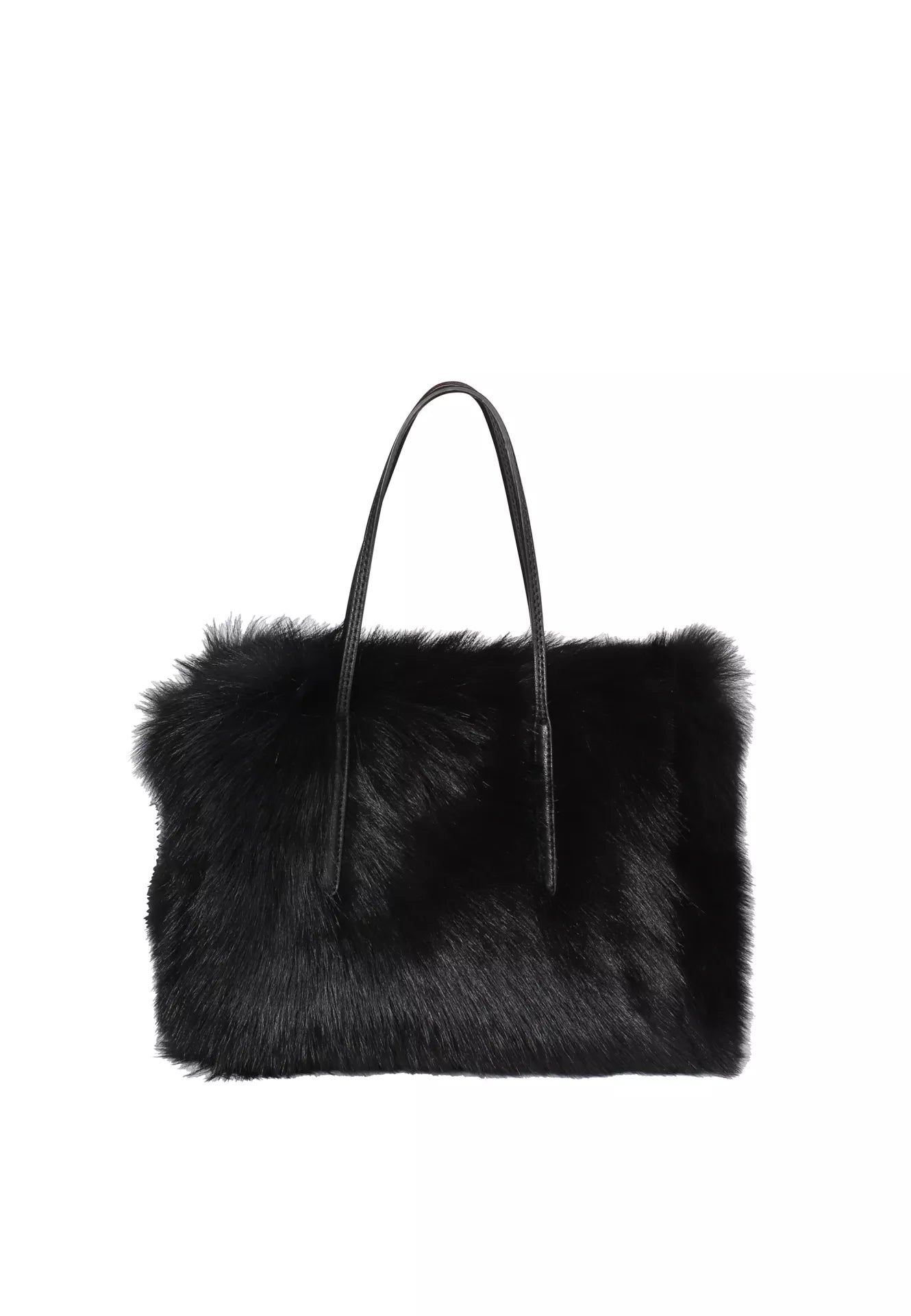 black rectangular small shearling bag with a small top handle and removable cross body strap from abro