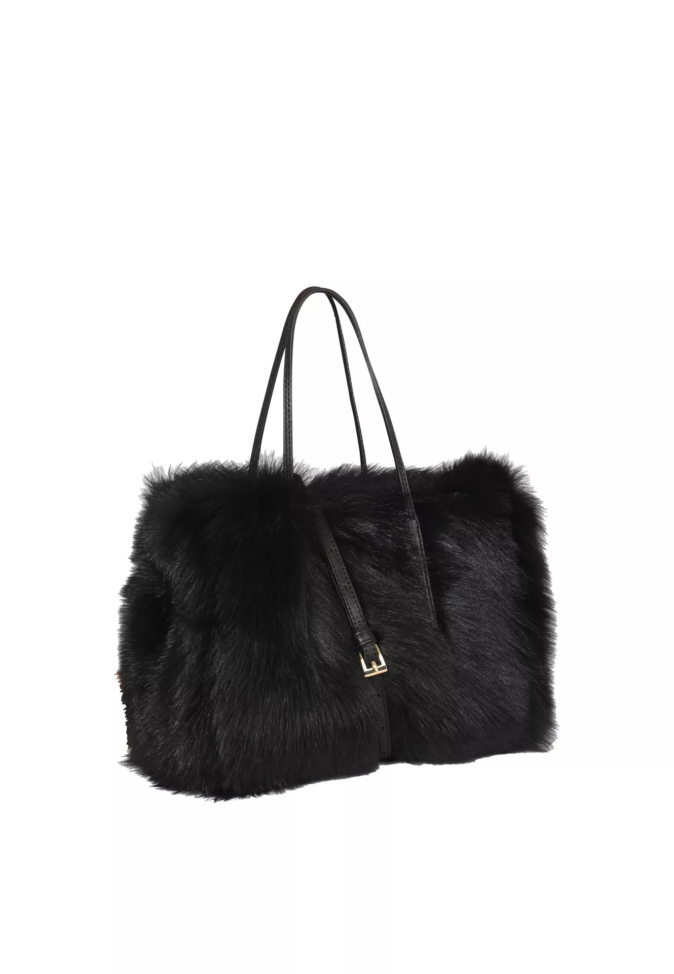 black rectangular small shearling bag with a small top handle and removable cross body strap from abro side view
