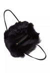 black rectangular small shearling bag with a small top handle and removable cross body strap from abro interior view
