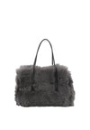 charcoal grey small shearling bag with small top handle and removable crossbody strap from abro