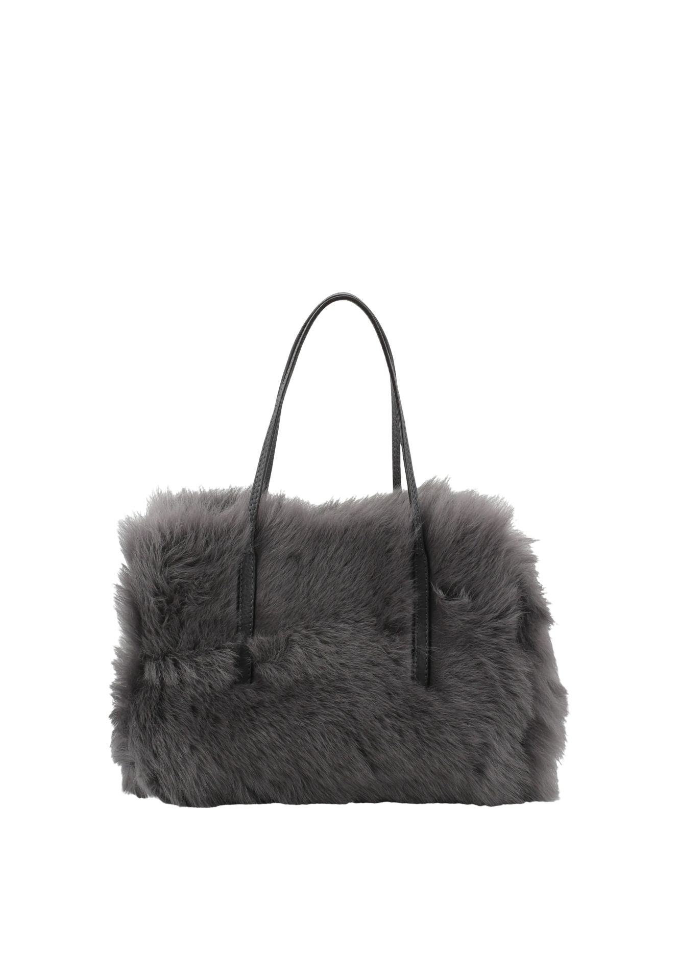charcoal grey small shearling bag with small top handle and removable crossbody strap from abro
