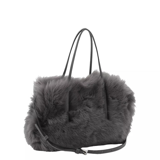 charcoal grey small shearling bag with small top handle and removable crossbody strap from abro