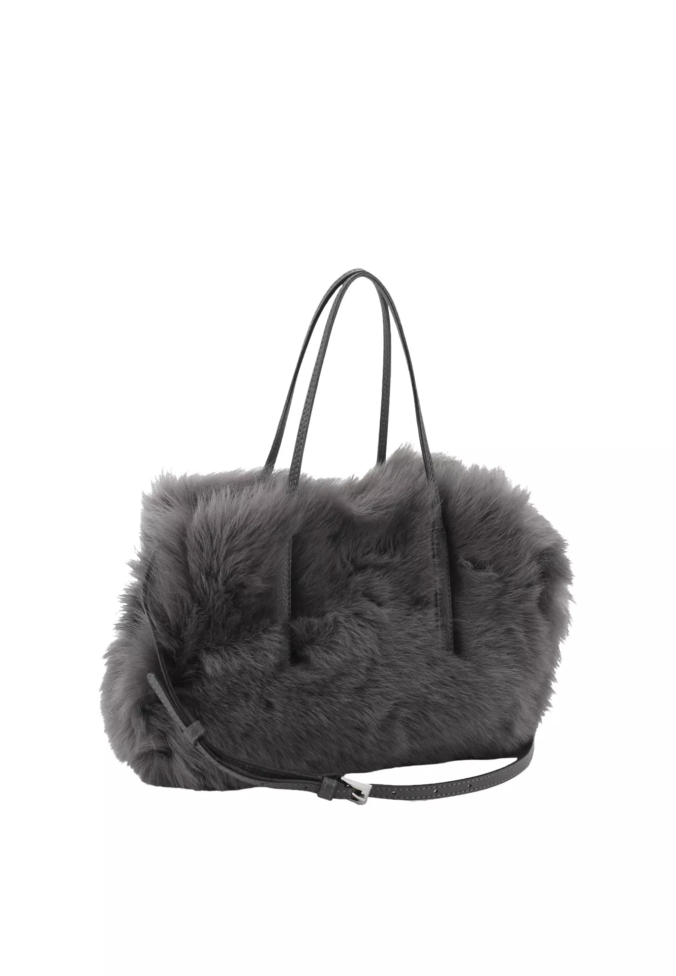 charcoal grey small shearling bag with small top handle and removable crossbody strap from abro