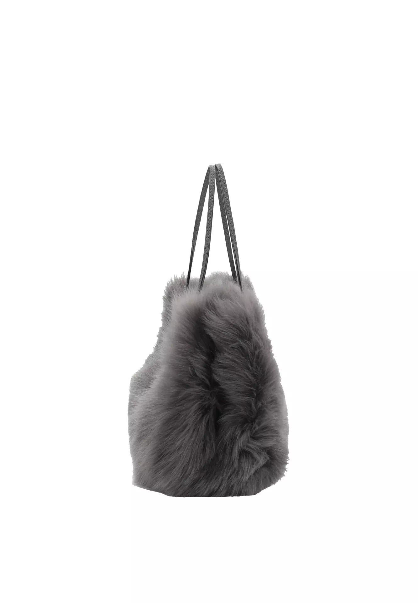 charcoal grey small shearling bag with small top handle and removable crossbody strap from abro side view