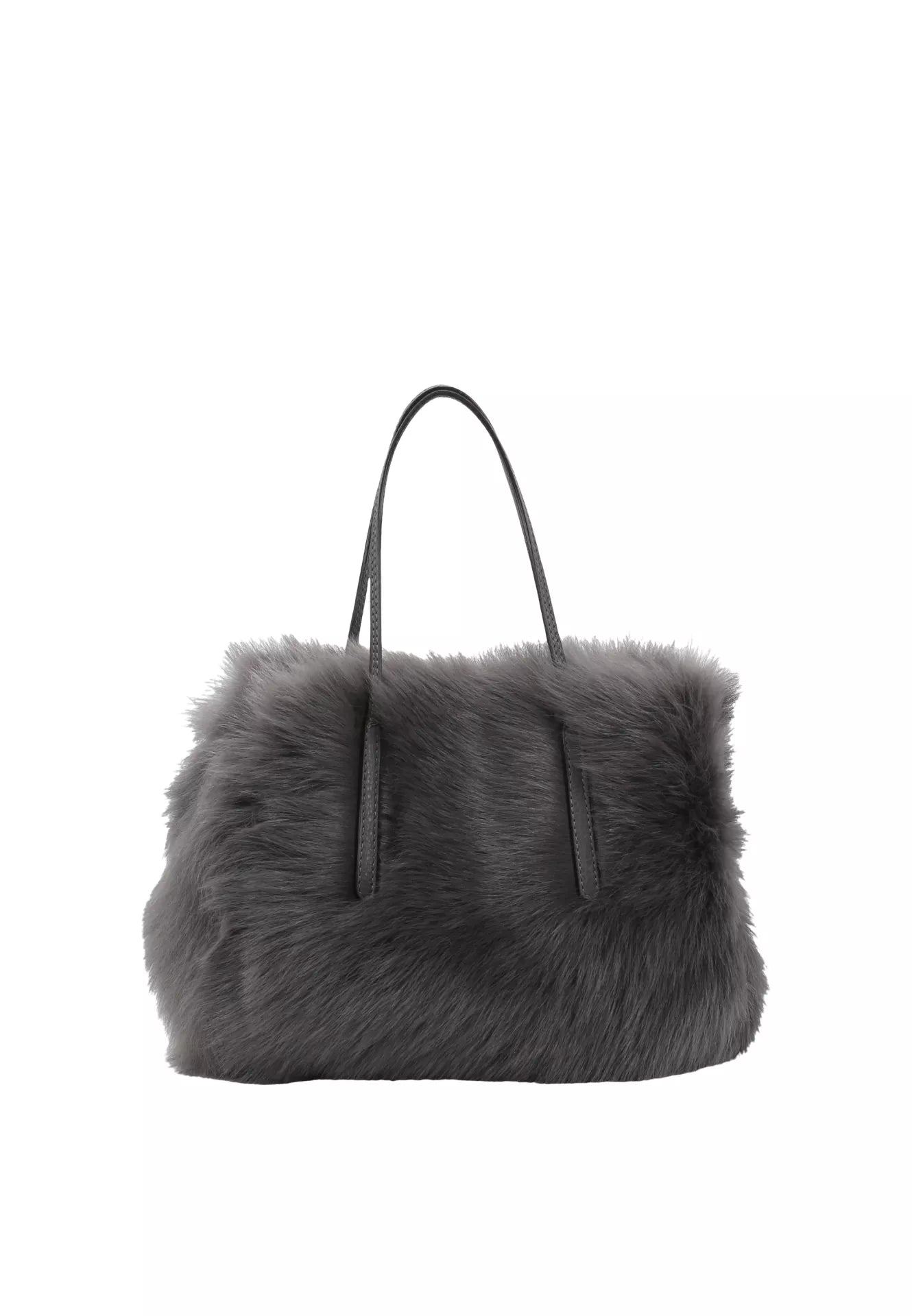charcoal grey small shearling bag with small top handle and removable crossbody strap from abro