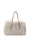 light silvery grey rectangular small shearling bag with small top handle and removable cross body strap from abro