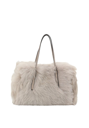 light silvery grey rectangular small shearling bag with small top handle and removable cross body strap from abro