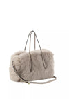 light silvery grey rectangular small shearling bag with small top handle and removable cross body strap from abro side view