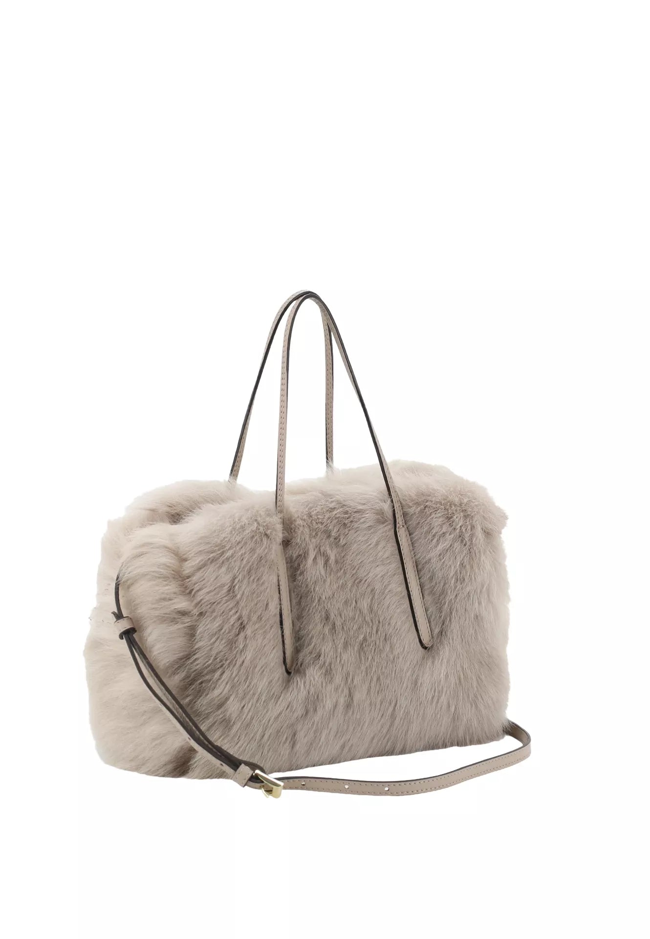 light silvery grey rectangular small shearling bag with small top handle and removable cross body strap from abro side view