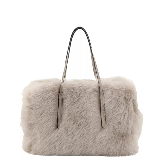 light silvery grey rectangular small shearling bag with small top handle and removable cross body strap from abro 