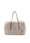 light silvery grey rectangular small shearling bag with small top handle and removable cross body strap from abro 