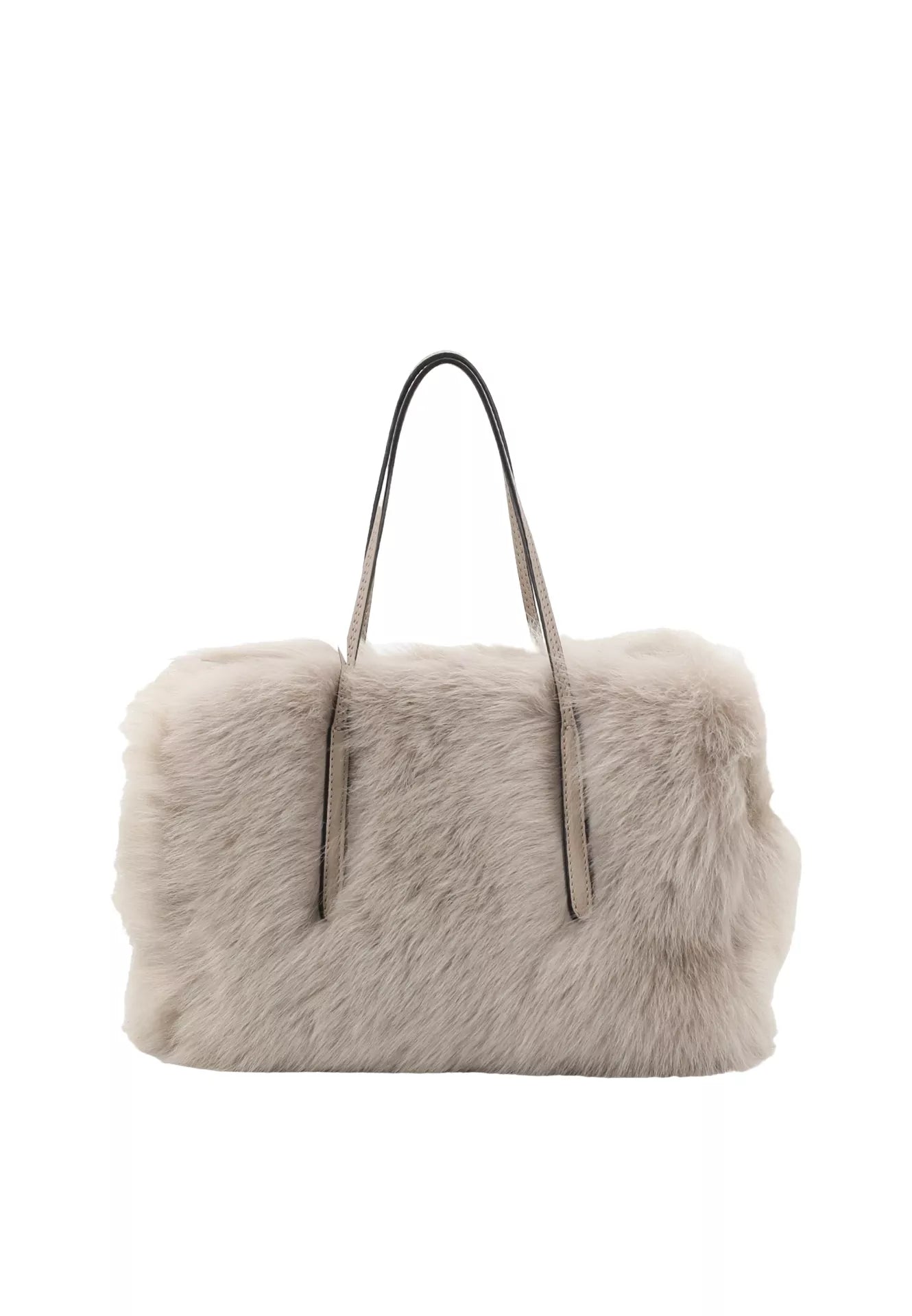 light silvery grey rectangular small shearling bag with small top handle and removable cross body strap from abro 