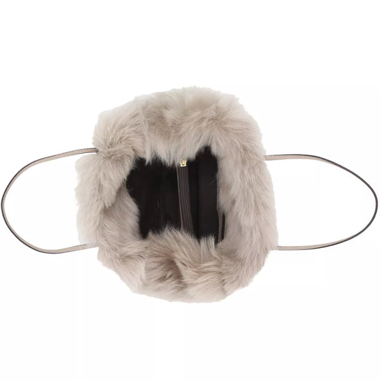 light silvery grey rectangular small shearling bag with small top handle and removable cross body strap from abro interior shot