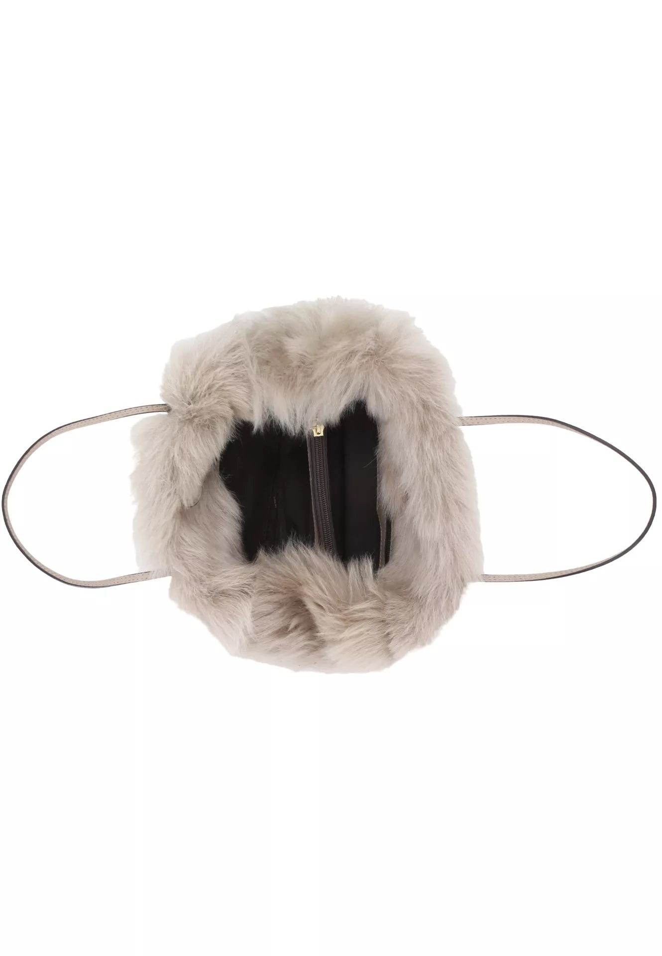 light silvery grey rectangular small shearling bag with small top handle and removable cross body strap from abro interior shot