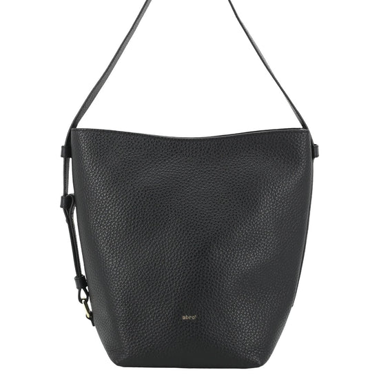 A black pebbled leather shoulder bag with a wide body and a single thin strap, shown against a plain white background.