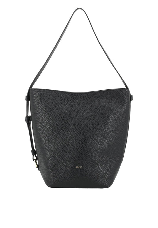 A black pebbled leather shoulder bag with a wide body and a single thin strap, shown against a plain white background.