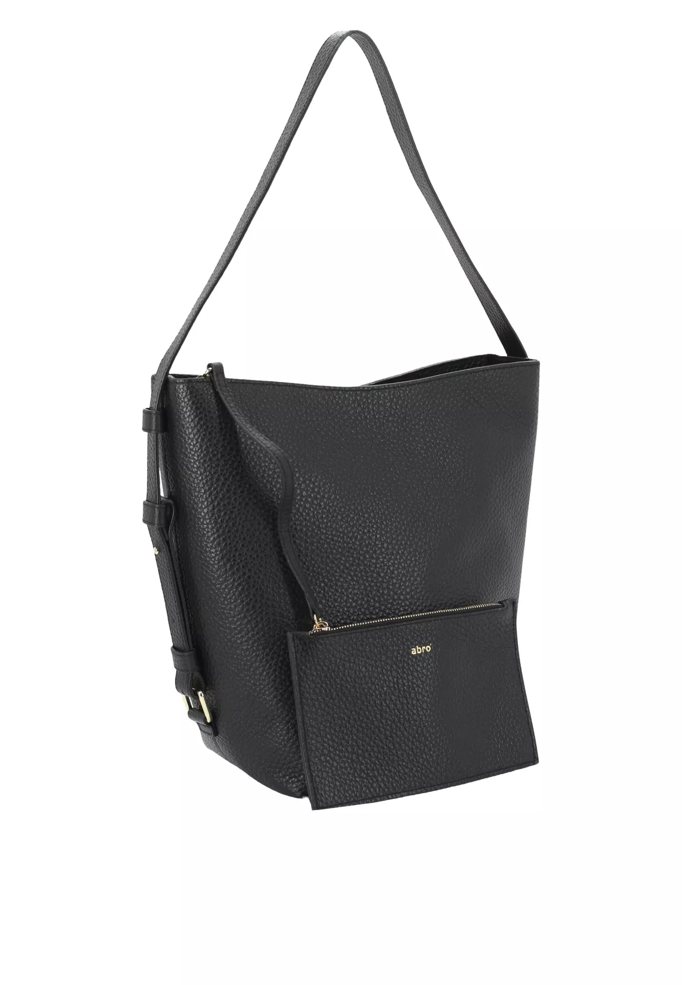 A black pebbled leather shoulder bag with a front zippered pocket and a small gold logo plate, shown on a plain white background.