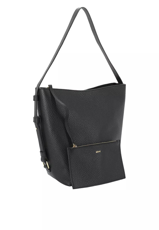 A black pebbled leather shoulder bag with a front zippered pocket and a small gold logo plate, shown on a plain white background.