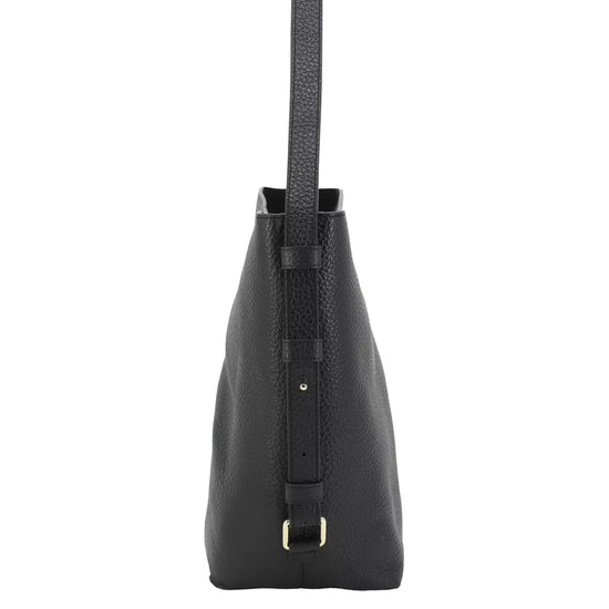 A black pebbled leather shoulder bag shown from the side profile against a solid white background.